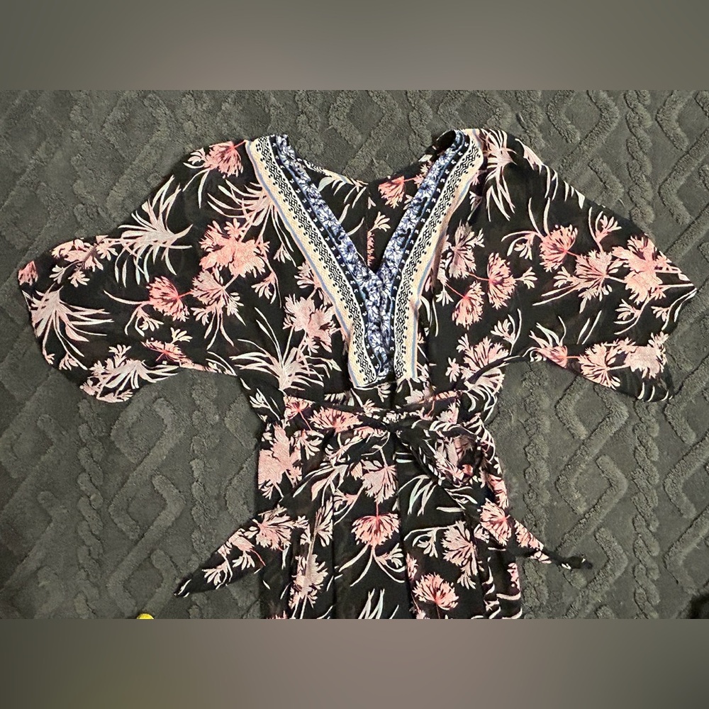 NEW EXPRESS Boho V-Neck Floral Kimono Style Maxi Dress w/ Slit Black Pink White - Picture 6 of 14